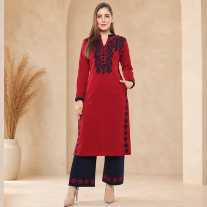 Ecru Embroidered Woollen Kurta Palazzo Set