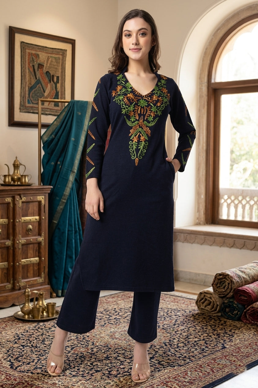 Women's Winter Embroidered Kurta Palazzo Set | V-Neck | Soft Warm Fabric