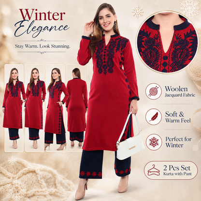 Ecru Embroidered Woollen Kurta Palazzo Set