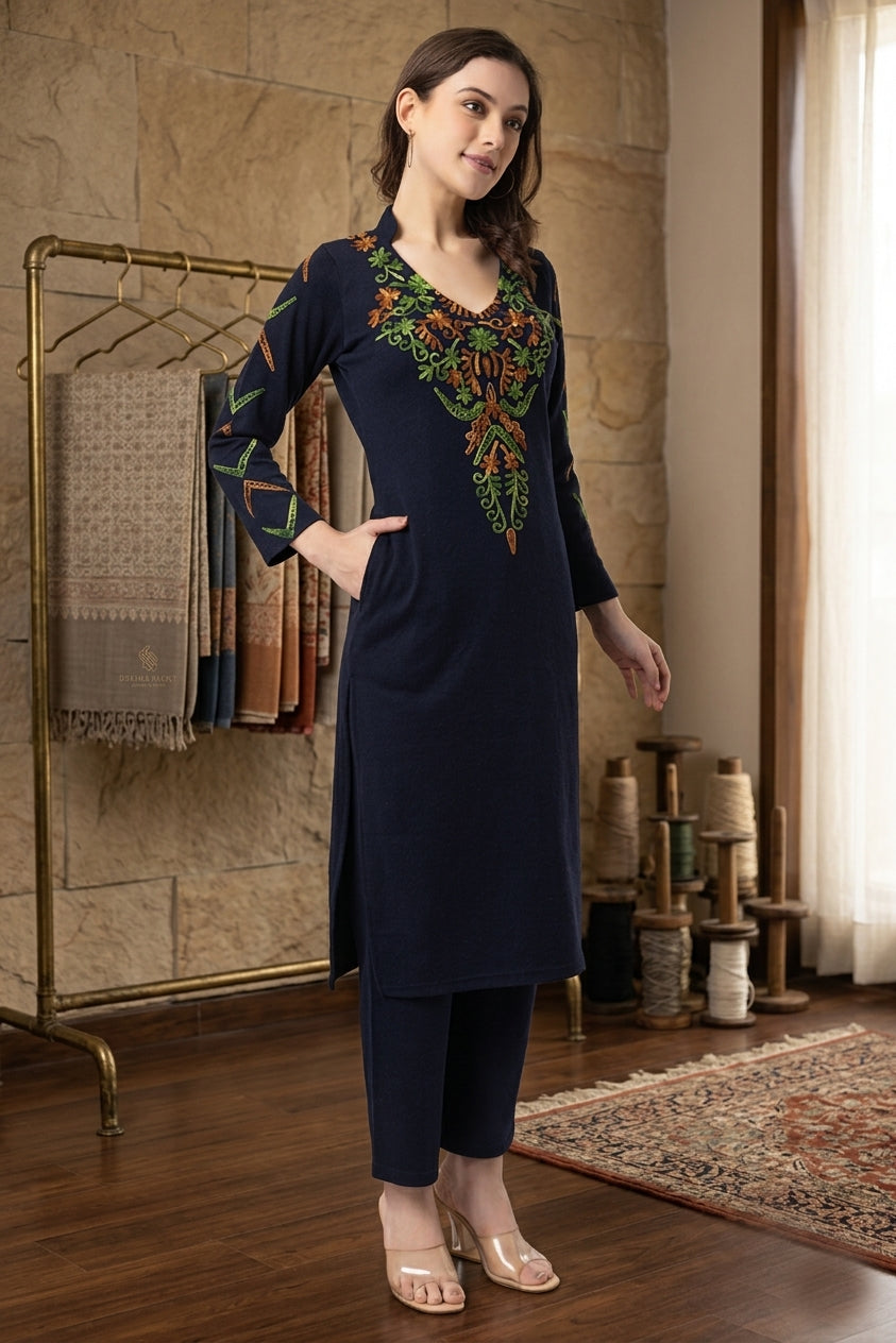 Women's Winter Embroidered Kurta Palazzo Set | V-Neck | Soft Warm Fabric