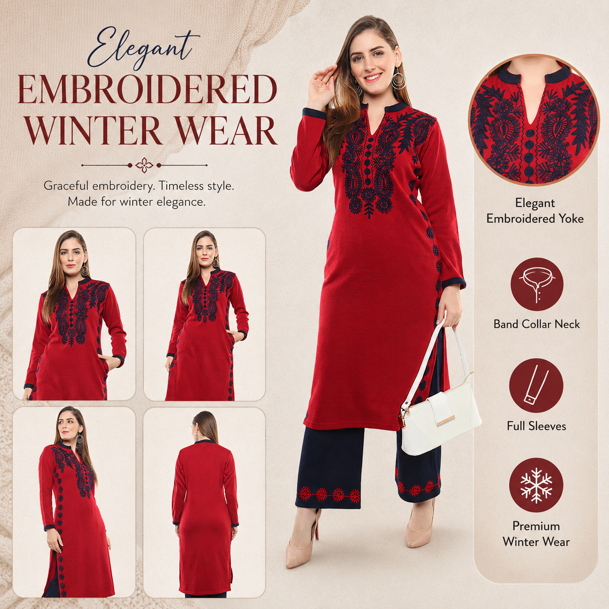 Ecru Embroidered Woollen Kurta Palazzo Set