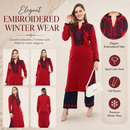 Ecru Embroidered Woollen Kurta Palazzo Set
