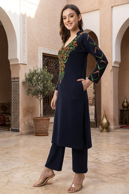Women's Winter Embroidered Kurta Palazzo Set | V-Neck | Soft Warm Fabric