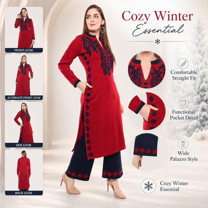 Ecru Embroidered Woollen Kurta Palazzo Set
