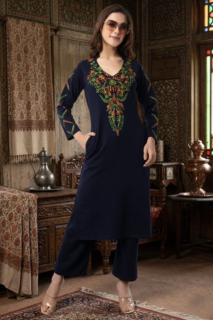 Women's Winter Embroidered Kurta Palazzo Set | V-Neck | Soft Warm Fabric
