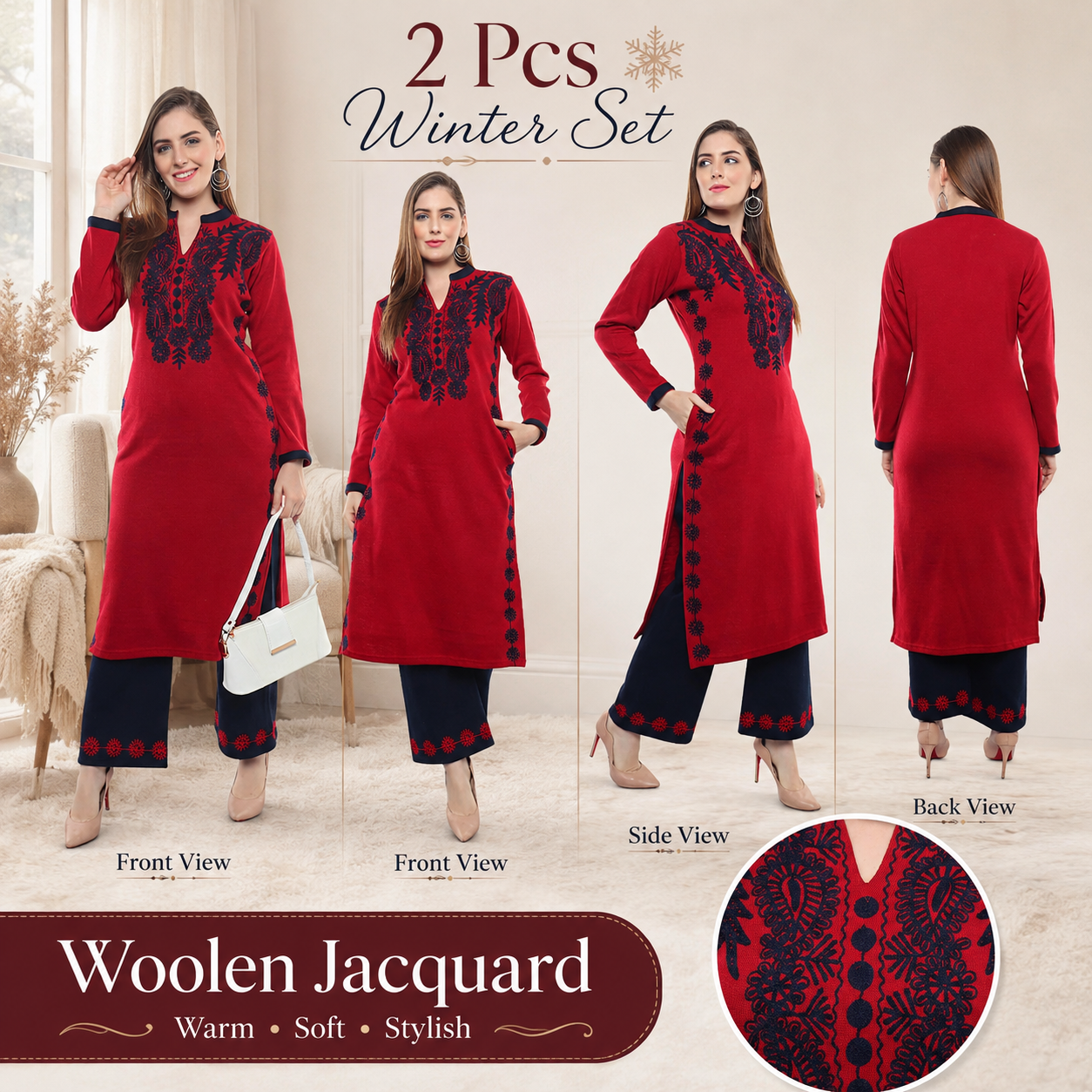 Ecru Embroidered Woollen Kurta Palazzo Set
