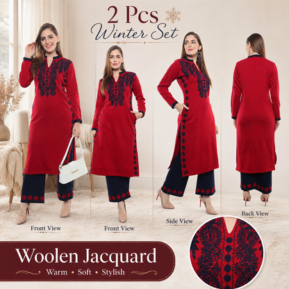Ecru Embroidered Woollen Kurta Palazzo Set