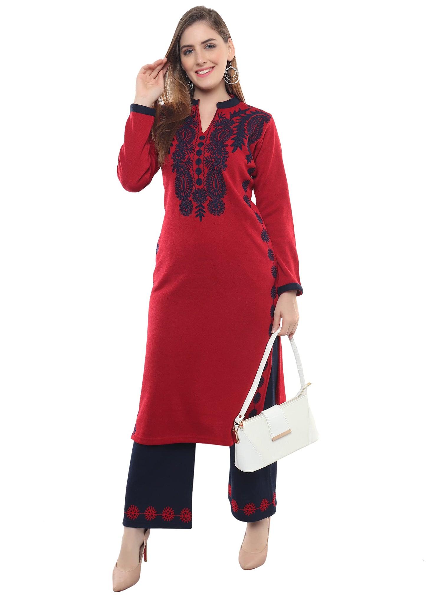 Ecru Embroidered Woollen Kurta Palazzo Set