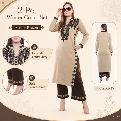 Ecru Embroidered Woollen Kurta Palazzo Set