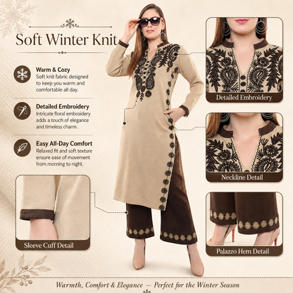 Ecru Embroidered Woollen Kurta Palazzo Set