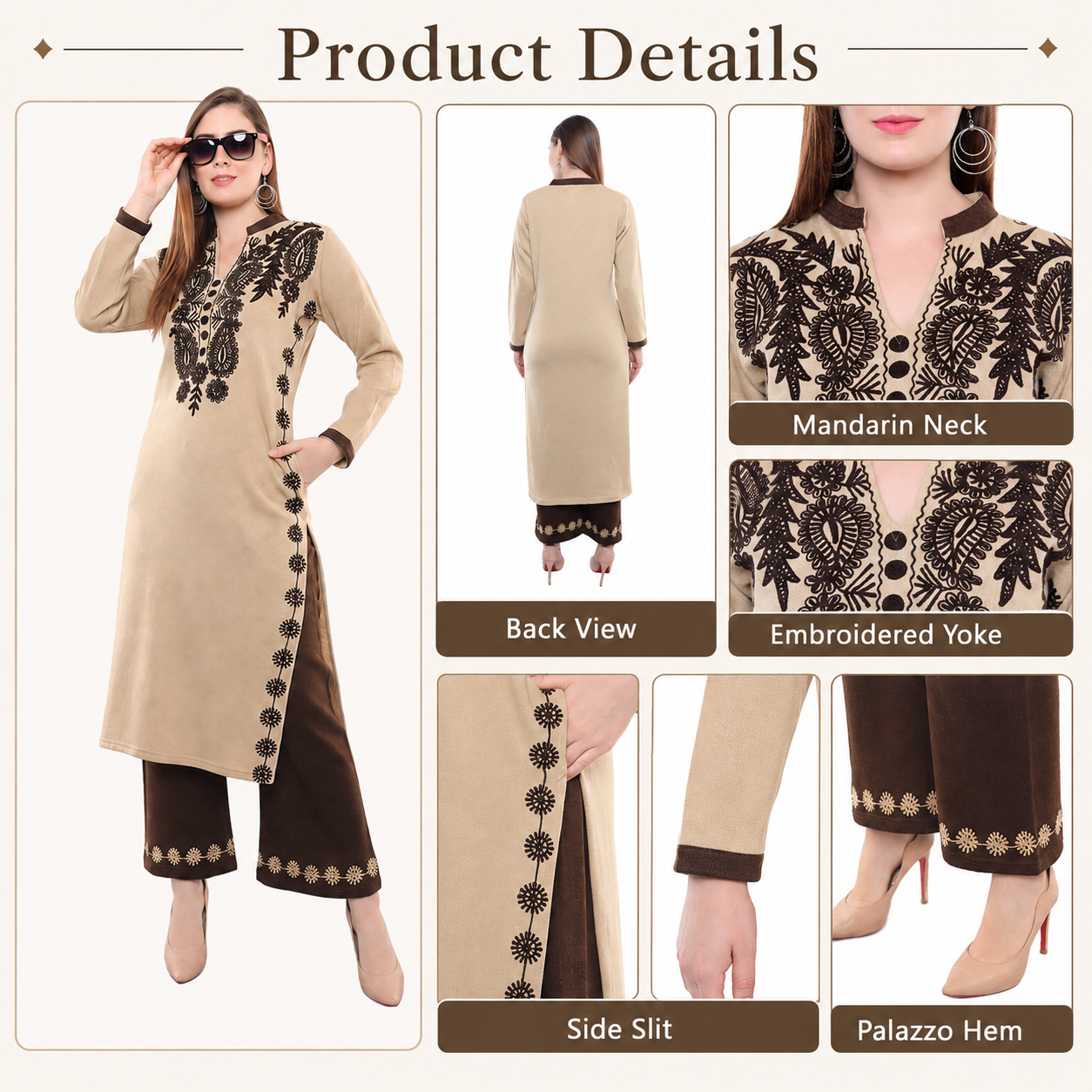 Ecru Embroidered Woollen Kurta Palazzo Set
