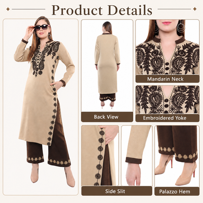Ecru Embroidered Woollen Kurta Palazzo Set