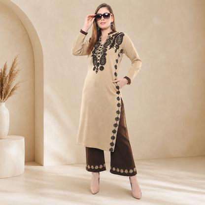 Ecru Embroidered Woollen Kurta Palazzo Set
