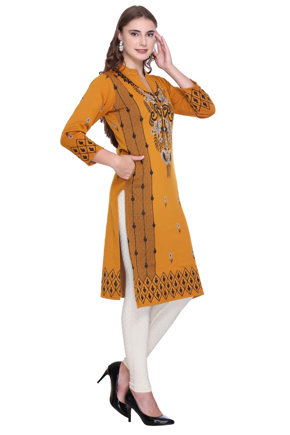 Marigold Jacquard Woolen Straight Fit Kurta