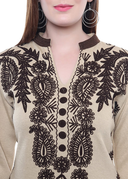 Ecru Embroidered Woollen Kurta Palazzo Set