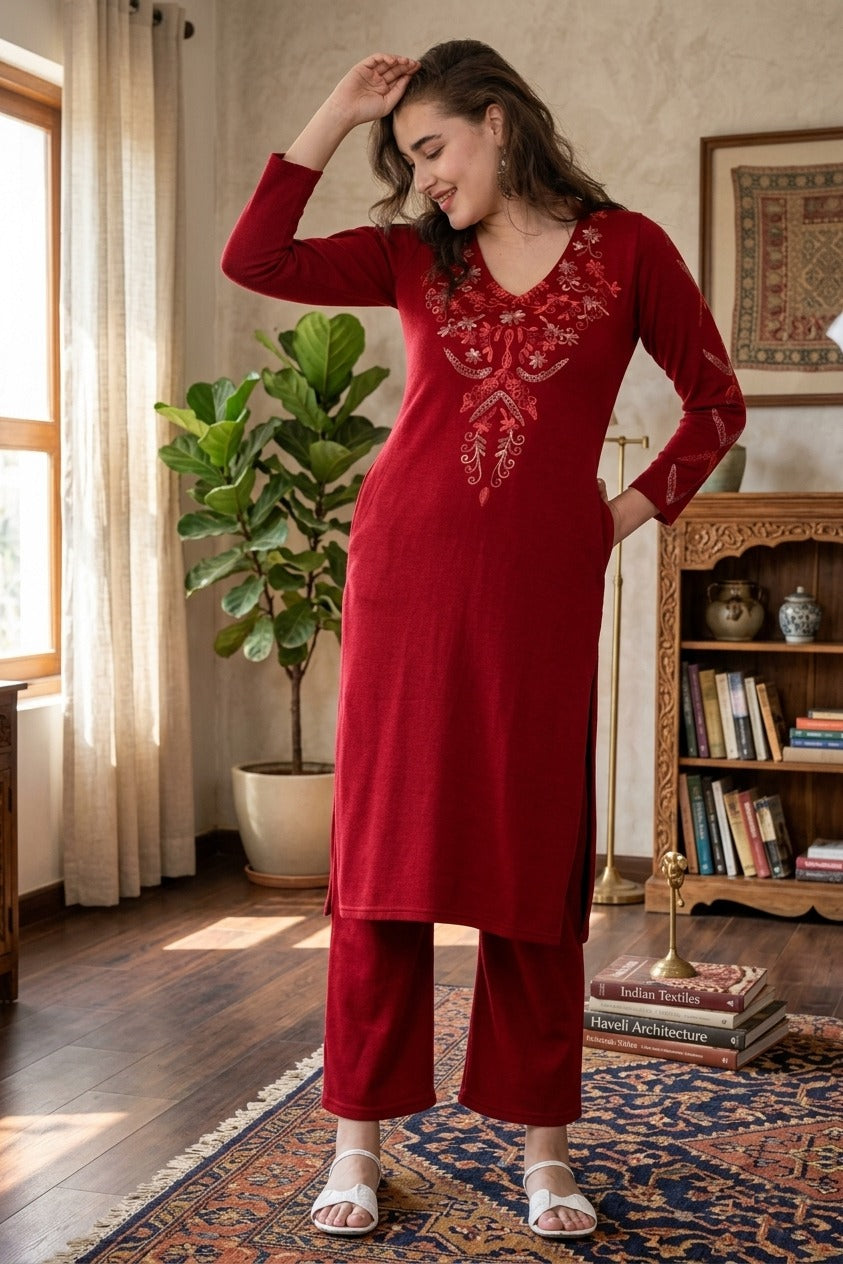 Women's Winter Embroidered Kurta Palazzo Set | V-Neck | Soft Warm Fabric