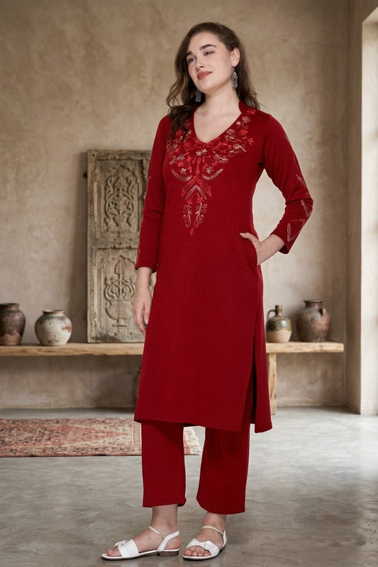 Women's Winter Embroidered Kurta Palazzo Set | V-Neck | Soft Warm Fabric
