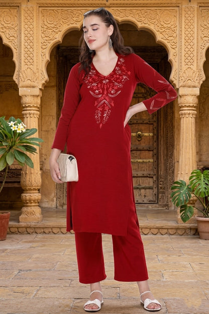 Women's Winter Embroidered Kurta Palazzo Set | V-Neck | Soft Warm Fabric