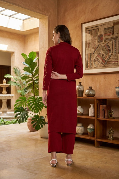 Women's Winter Embroidered Kurta Palazzo Set | V-Neck | Soft Warm Fabric