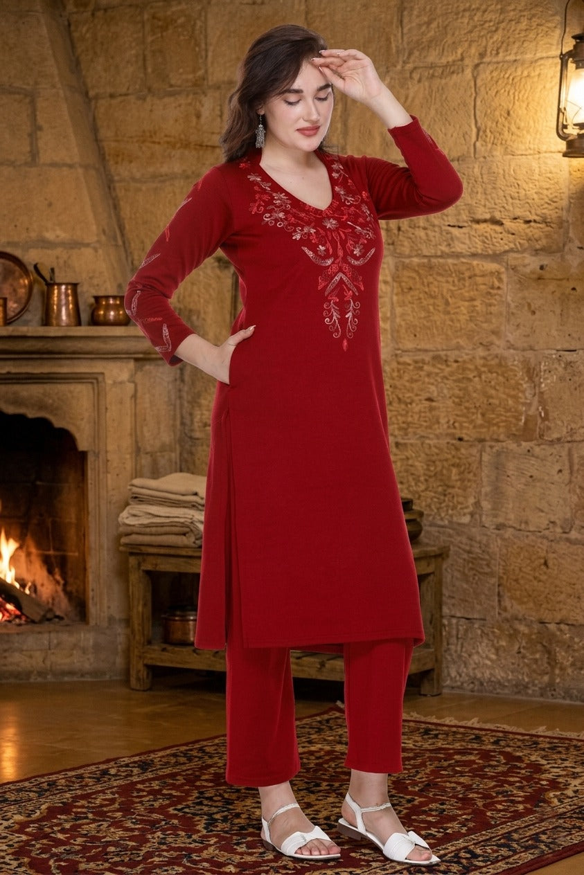 Women's Winter Embroidered Kurta Palazzo Set | V-Neck | Soft Warm Fabric