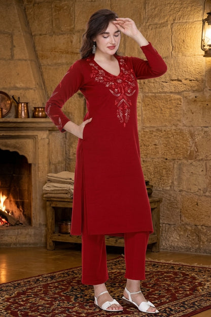 Women's Winter Embroidered Kurta Palazzo Set | V-Neck | Soft Warm Fabric