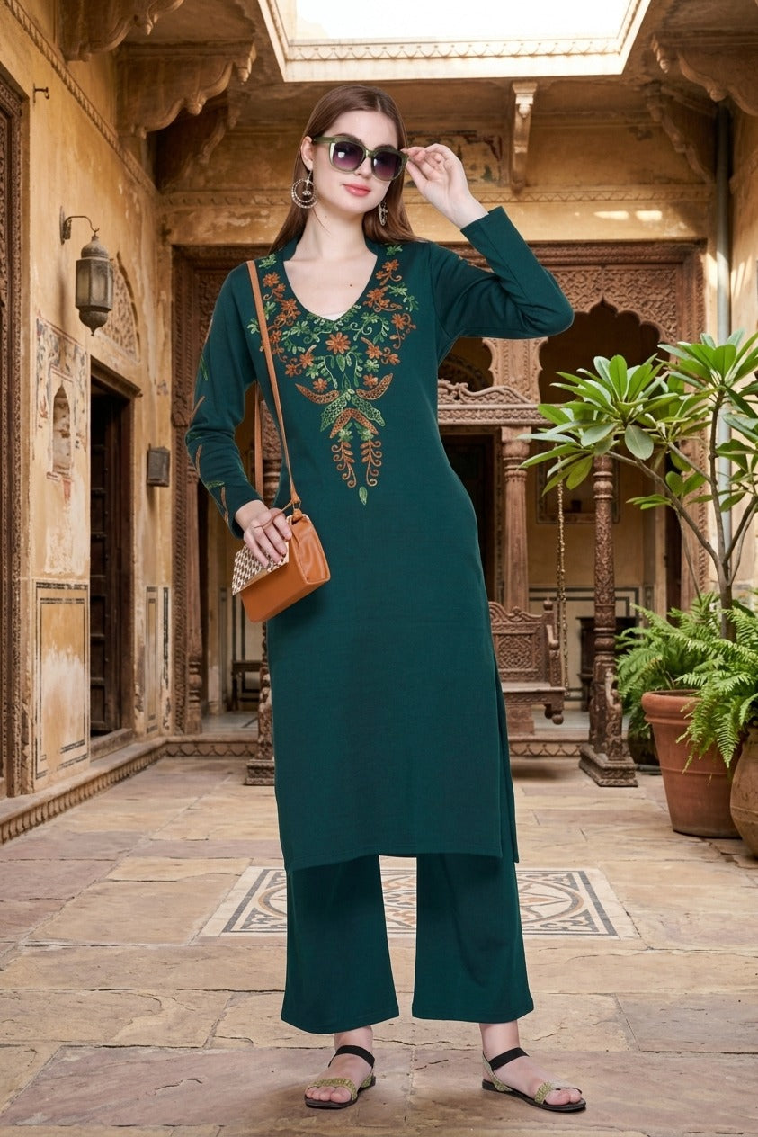 Women's Winter Embroidered Kurta Palazzo Set | V-Neck | Soft Warm Fabric